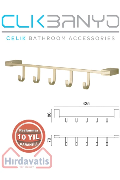 ÇELİK BANYO Havlu Askısı Paslanmaz Pirinç Titanik 5'li Askılık Altın Gold ürün görseli