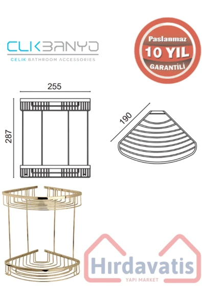 CLK BANYO PASLANMAZ PİRİNÇ DESTİNA 2'Lİ KÖŞE ŞAMPUANLIK 19X19CM - Resim 2