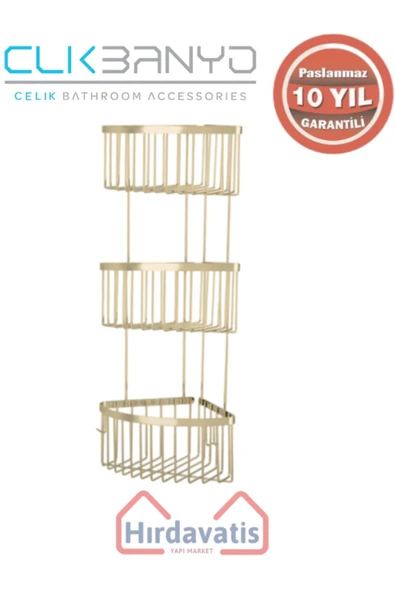 ÇELİK BANYO Paslanmaz Pirinç Üçlü Derin Süngerlik 19x19 Sabunluk Ve Şampuanlık Altın Sarı Gold - Resim 2