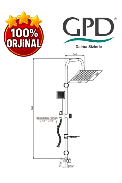 GPD DST19-3-S Yönlendiricili Duş Seti (Tek Fonksiyonlu El Duşu + 200X200) - Resim 2