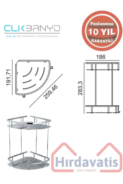 CLK BANYO PASLANMAZ PİRİNÇ MARİN 2'Lİ SABUNLUK KÖŞE ŞAMPUANLIK 19X19CM - Resim 2
