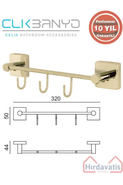 ÇELİK BANYO Paslanmaz Pirinç Vizyon Kanca 3’lü Askılık Altın Sarı Gold ürün görseli