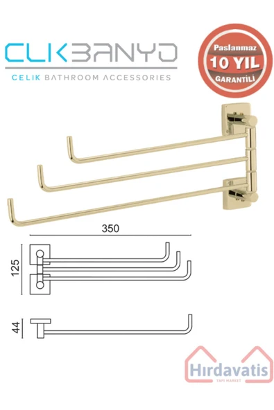 ÇELİK BANYO Paslanmaz Pirinç Vizyon 3’lü Döner Havluluk Altın Sarı Gold - Resim 2