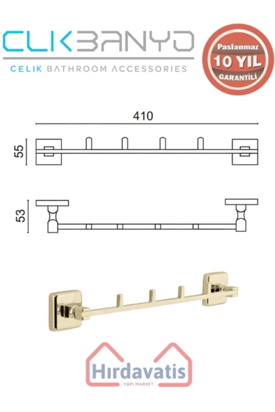 ÇELİK BANYO Paslanmaz Pirinç Kumru 4’lü Askılık Altın Sarı Gold - Resim 2