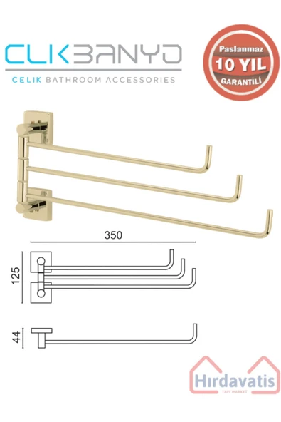 ÇELİK BANYO Paslanmaz Pirinç Vizyon 3’lü Döner Havluluk Altın Sarı Gold ürün görseli