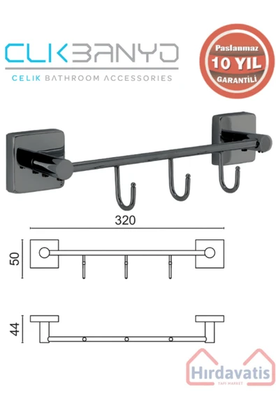 ÇELİK BANYO Paslanmaz Pirinç Vizyon Kanca 3’lü Askılık Mat Siyah - Resim 2