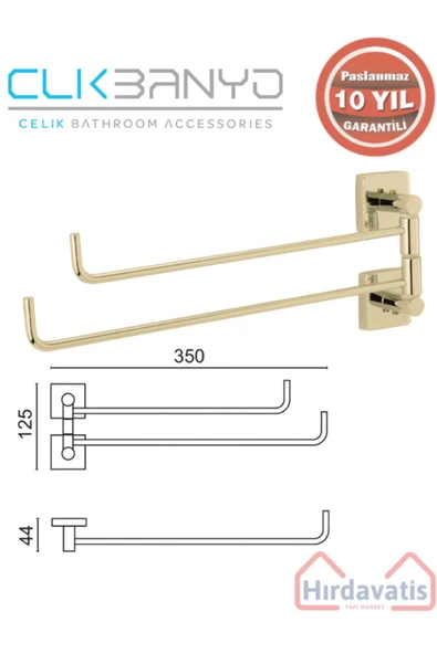 ÇELİK BANYO Paslanmaz Pirinç Vizyon 2’li Döner Havluluk Altın Sarı Gold - Resim 2