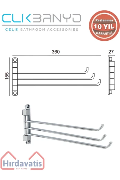 ÇELİK BANYO Paslanmaz Pirinç Mercan 3’lü Döner Havluluk - Resim 2