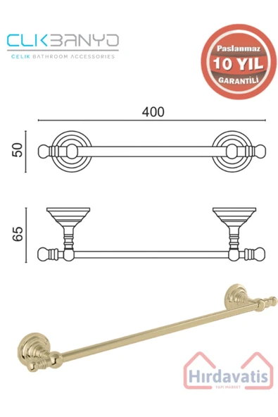 ÇELİK BANYO Paslanmaz Pirinç Ottoman Uzun Havluluk 50cm Altın Gold Sarı - Resim 2