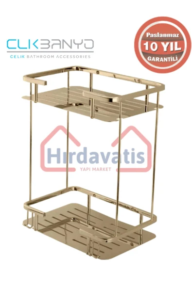 CLK BANYO Paslanmaz Pirinç Altın Gold Lidya 2'li 15x22 Cm Şampuanlık Banyo Rafı