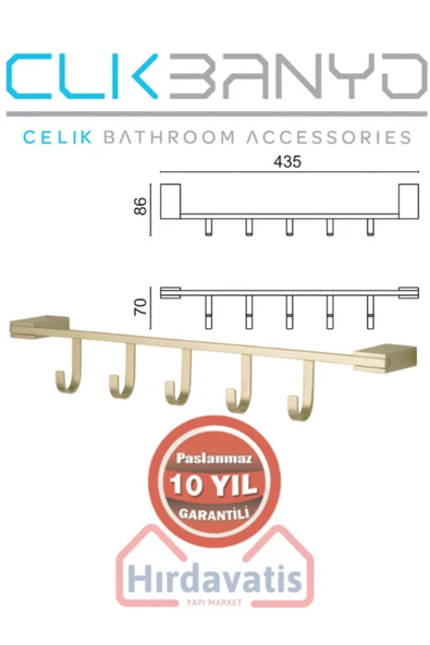 ÇELİK BANYO Havlu Askısı Paslanmaz Pirinç Titanik 5'li Askılık Altın Gold - Resim 2