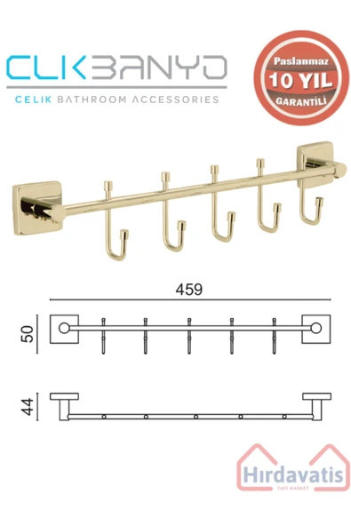ÇELİK BANYO Paslanmaz Pirinç Vizyon Çıkmalı 5’li Askılık Altın Sarı Gold - Resim 2