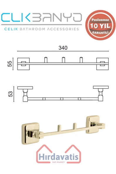 ÇELİK BANYO Paslanmaz Pirinç Kumru 3’lü Askılık Altın Sarı Gold - Resim 2
