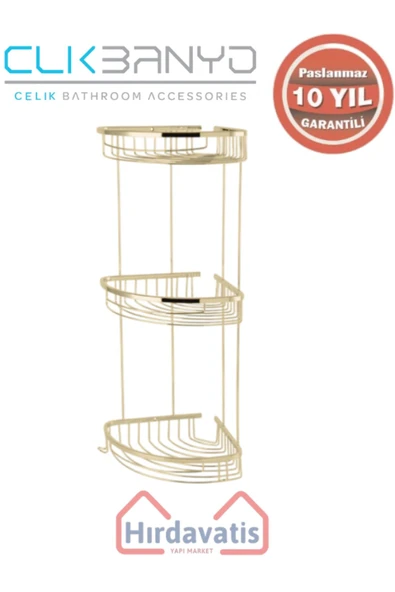 ÇELİK BANYO Paslanmaz Pirinç Destina Krom Üçlü 22x22cm Sabunluk Şampuanlık Ve Köşe Süngerlik Altın Sarı Gold ürün görseli