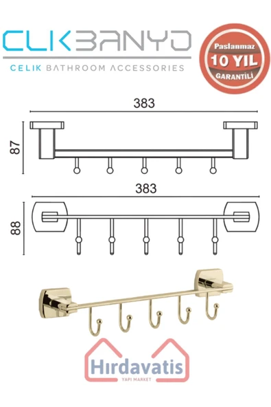 ÇELİK BANYO Paslanmaz Pirinç Milano 5’li Askılık Altın Sarı Gold - Resim 2