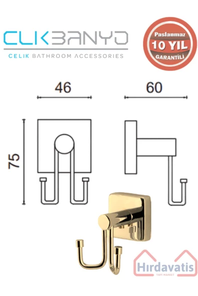 ÇELİK BANYO Paslanmaz Pirinç Vizyon 2’li Bornozluk Altın Sarı Gold 10 yıl Garantili - Resim 2