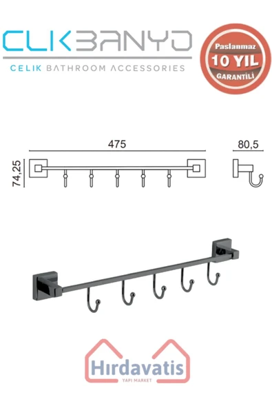 ÇELİK BANYO Paslanmaz Pirinç Tamay 5’li Askılık Mat Siyah - Resim 2