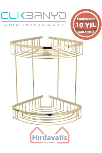 ÇELİK BANYO Paslanmaz Pirinç Destina Krom İkili 22x22cm Sabunluk Şampuanlık Ve Köşe Süngerlik Altın Sarı Gold ürün görseli 1