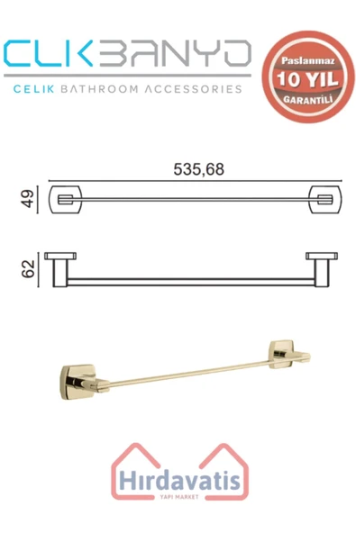 ÇELİK BANYO Paslanmaz Pirinç Milano Uzun Havluluk 50cm Altın Sarı Gold - Resim 2