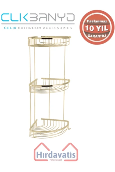 ÇELİK BANYO Paslanmaz Pirinç Destina Krom Üçlü 22x22cm Sabunluk Şampuanlık Ve Köşe Süngerlik Altın Sarı Gold - Resim 3