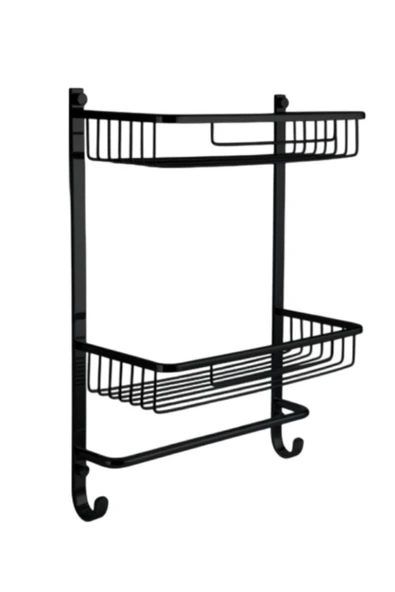 ÇELİK BANYO Paslanmaz Pirinç İkili Havluluk Șampuanlık Sabunluk Ve Köşe Süngerlik Mat Siyah - Resim 3