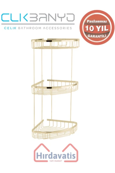 ÇELİK BANYO Paslanmaz Pirinç Zerrin Üçlü 18x18cm Sabunluk Şampuanlık Ve Köşe Süngerlik Altın Sarı Gold - Resim 3