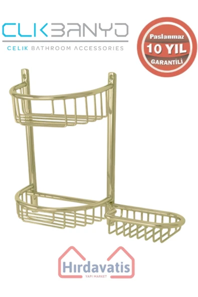 ÇELİK BANYO Paslanmaz Pirinç Yuvarlak Set Șampuanlık 30x11 Sabunluk Ve Köşe Süngerlik Altın Sarı Gold - Resim 3