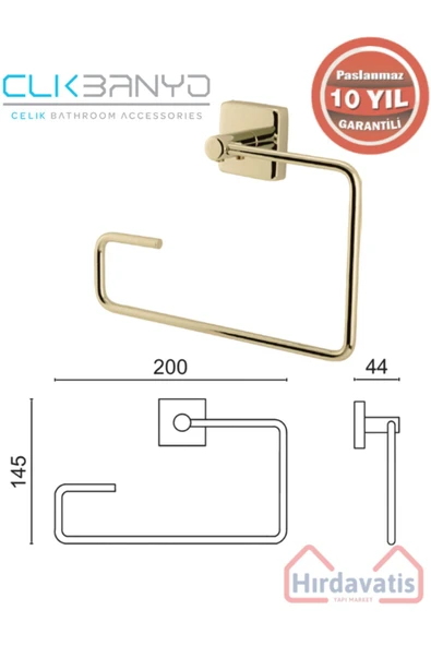 ÇELİK BANYO Paslanmaz Pirinç Vizyon Kare Havluluk Altın Sarı Gold - Resim 2