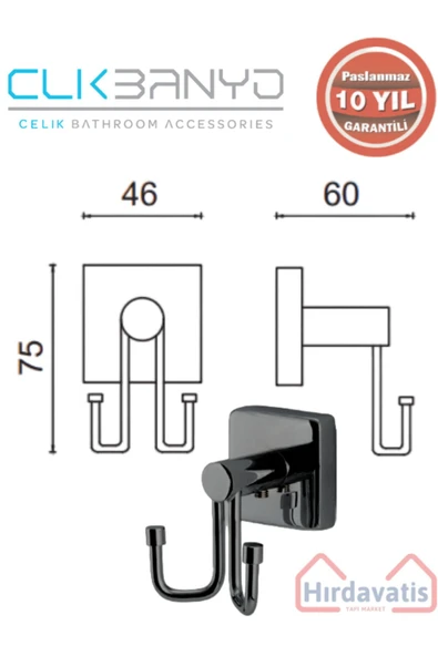 ÇELİK BANYO Paslanmaz Pirinç Vizyon 2’li Bornozluk Mat Siyah 10 yıl Garantili - Resim 2