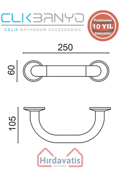 ÇELİK BANYO Paslanmaz Pirinç Bella Küvet Tutamağı 20cm - Resim 2