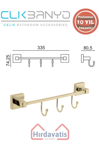 ÇELİK BANYO Paslanmaz Pirinç Tamay 3’lü Askılık Altın Sarı Gold - Resim 2