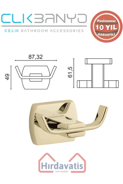 ÇELİK BANYO Paslanmaz Pirinç Milano 2’li Bornozluk Altın Sarı Gold - Resim 2