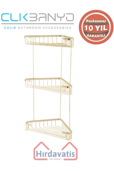 ÇELİK BANYO Paslanmaz Pirinç Efe Üçlü 18x18cm Sabunluk Şampuanlık Ve Köşe Süngerlik Altın Sarı Gold ürün görseli 1