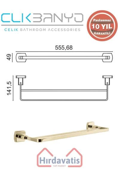 ÇELİK BANYO Paslanmaz Pirinç Milano 2’li Uzun Havluluk 50cm Altın Sarı Gold - Resim 2