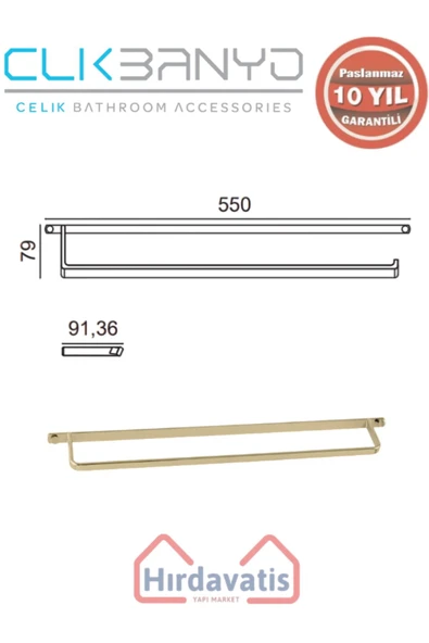 ÇELİK BANYO Paslanmaz Pirinç Mercan Uzun Havluluk 50cm Altın Sarı Gold - Resim 2