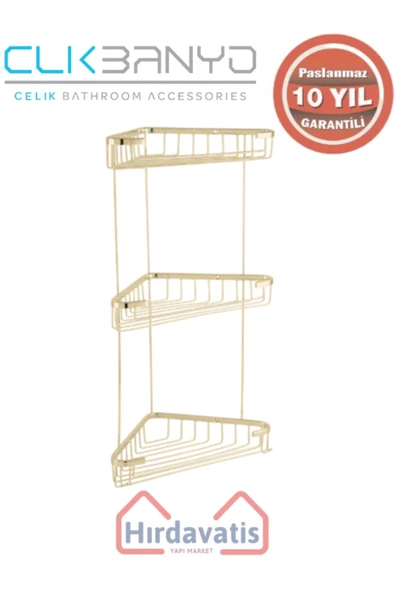 ÇELİK BANYO Paslanmaz Pirinç Efe Üçlü 18x18cm Sabunluk Şampuanlık Ve Köşe Süngerlik Altın Sarı Gold - Resim 3