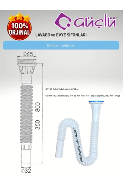 GÜÇLÜ Sabit Kafalı Körüklü Lavabo ve Evye Sifonu Meram Q32 - 2