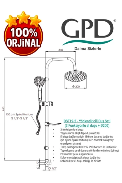 GPD DST19-2 Yönlendiricili Duş Seti (3 Fonksiyonlu El Duşu + Ø200) - 7