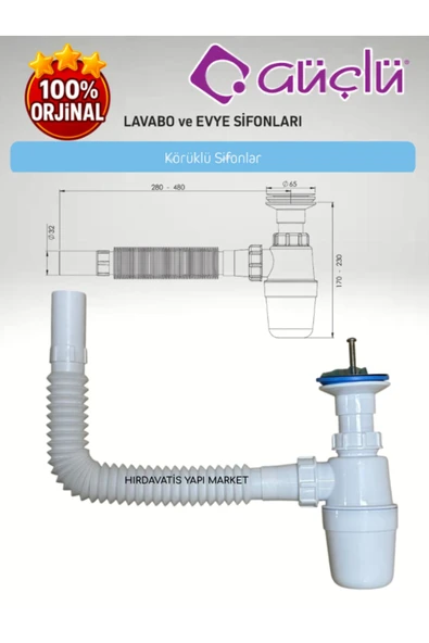 GÜÇLÜ Taslı Körüklü Sifon Ø32 65 mm 304 Kalite Paslanmaz Süzgeçli Lavabo Evye Sifonu - 2