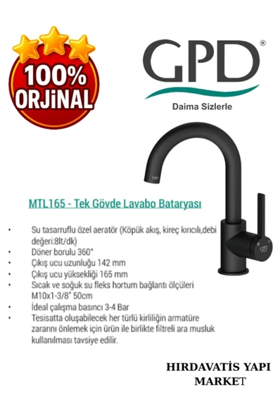 GPD Gildo MTL165-S Tek Gövde Lavabo Bataryası - 4