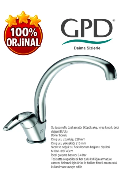 GPD MTE120 -Adrio Serisi Tek Gövde Evye Mutfak Bataryası-2Adet FKM01 Filitreli Ara Musluk-GPD - 2