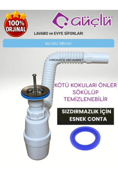 GÜÇLÜ Taslı Körüklü Sifon Ø32 65 mm 304 Kalite Paslanmaz Süzgeçli Lavabo Evye Sifonu
