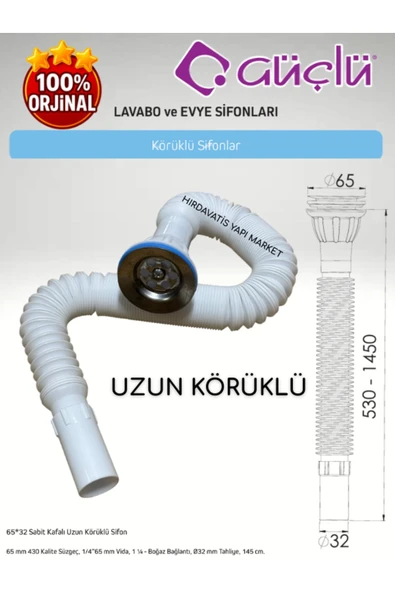 GÜÇLÜ 65*32 Sabit Kafalı Uzun Körüklü Lavabo ve Evye Sifonu Meram Q32 430 Kalite - 5