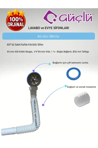 GÜÇLÜ Taslı Körüklü Sifon Ø32 65 mm 304 Kalite Paslanmaz Süzgeçli Lavabo Evye Sifonu - 3