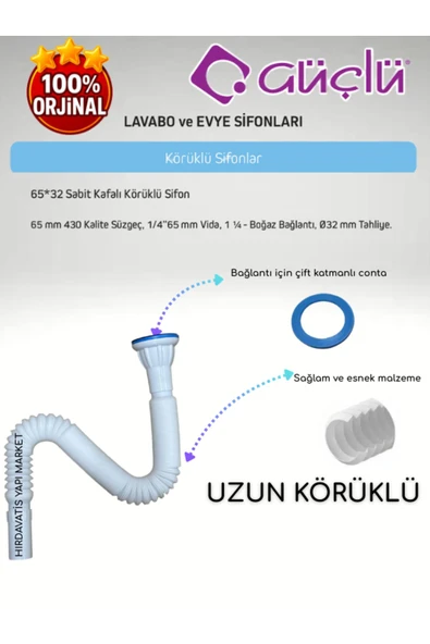 GÜÇLÜ 65*32 Sabit Kafalı Uzun Körüklü Lavabo ve Evye Sifonu Meram Q32 430 Kalite - 6