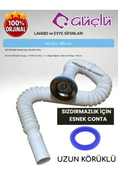 GÜÇLÜ 65*32 Sabit Kafalı Uzun Körüklü Lavabo ve Evye Sifonu Meram Q32 430 Kalite