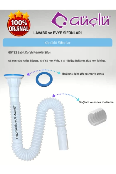 GÜÇLÜ Sabit Kafalı Körüklü Lavabo ve Evye Sifonu Meram Q32 - 3