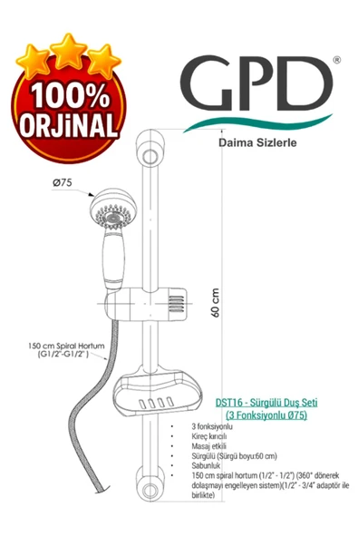 GPD DST16 Sürgülü Duş Seti (3 Fonksiyonlu Ø75) - 7