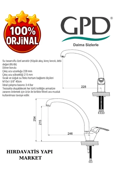 GPD MTE120 -Adrio Serisi-Tek Gövde Evye Mutfak Bataryası-GPD - 3