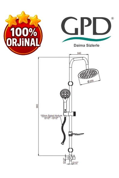 GPD DST19-2-S Yönlendiricili Duş Seti (3 Fonksiyonlu El Duşu + Ø200) - 2